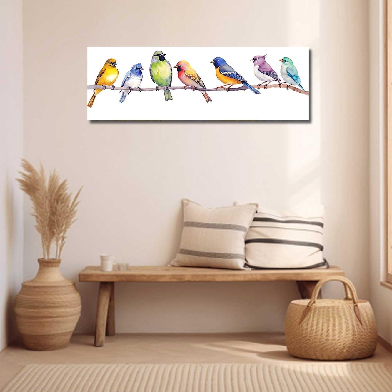 BJYCHG Large Bird Wall Art Colorful Birds on Tree Branches Pictures Vintage Natural Rustic Animals Canvas Prints Abstract Forest Paintings Living Room Bedroom Decor (Blue, (8L x 24W))