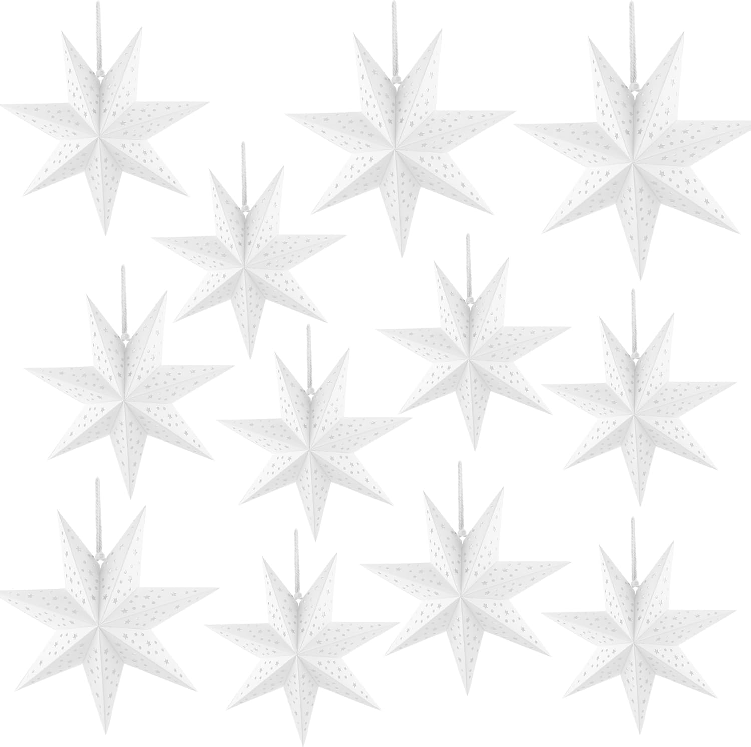 12 Pcs Christmas Paper Star Lantern Lampshade 18 Inch 14 Inch 12 Inch 10 Inch 3D White Paper Stars 7-Pointed Hanging Star Lantern for Xams New Year Wedding Holiday Party Home Supplies Decor