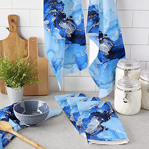 Chees D Zone Kitchen Towels Cotton Dish Towel,Blue Gradient Marble Texturechinese Style Ink Painting Reusable Washable Hand Towels 2 Pack #TOP2