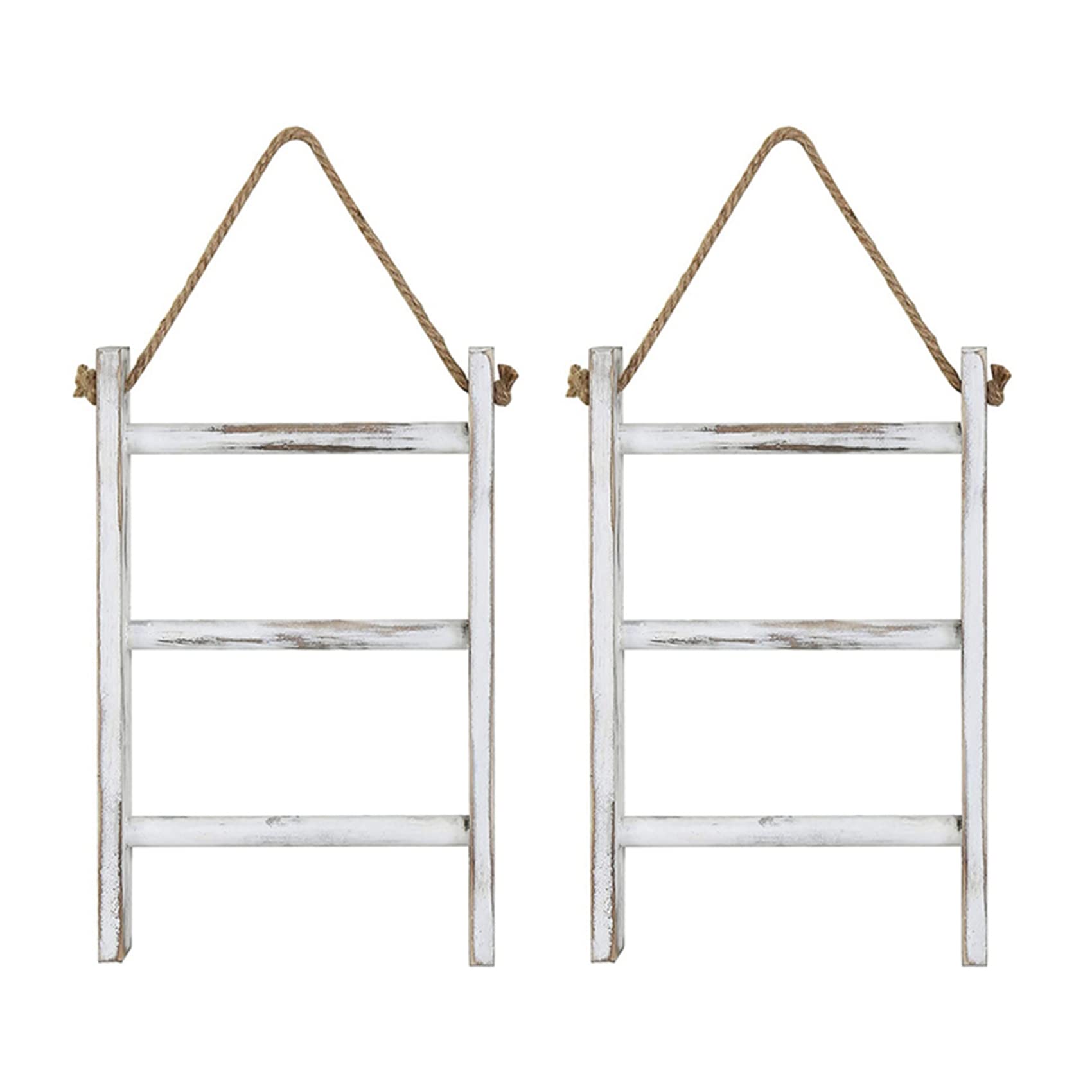 Hndhbfgrt 2X Wall-Hanging Towel Ladder Rustic Whitewashed Wood Countertop Ladder Farmhouse Decor Towels Rack with Adjustable Rope