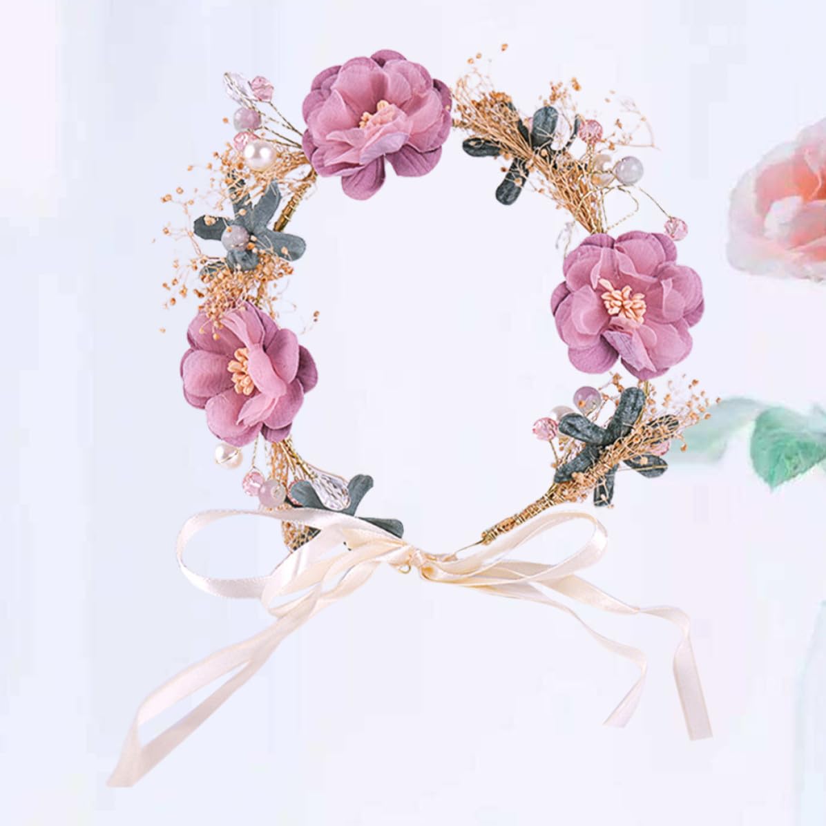 Pink Floral Hair Wreath Headband with Artificial Pearls, Lightweight Plastic Bridal Hair Accessory, Great Photo Props for Photo Shoots and Performance Parties, Stylish and Delicate