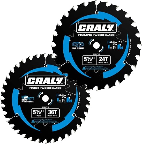 CRALY 5-1/2 Inch 24&36 Teeth Wood Cutting Framing/Fine Finish Circular Saw Blade, 10mm Arbor, Carbide Tipped, Thin Kerf, Black Ice™, for Plywood, MDF, OSB, Laminated, 2-Pack(C0552436-2B)
