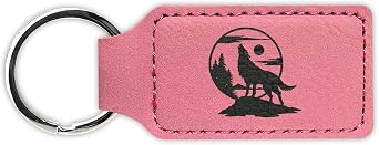 RDW Howling Wolf Moon Keychain Leatherette Rectangle - Laser Engraved - Key Chain Ring - wild wilderness nature freedom