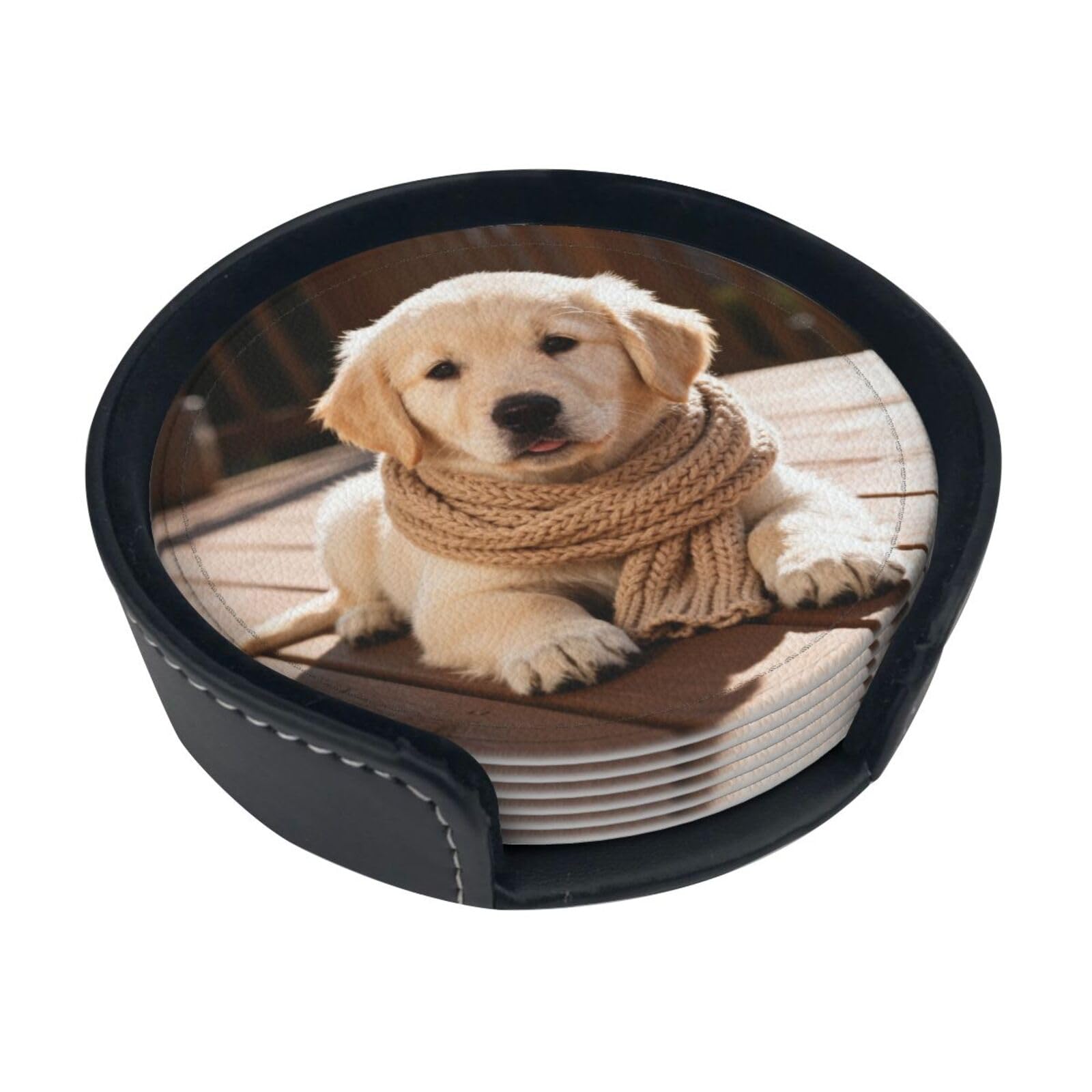 Cntdbu White Golden Retriever Leather Coasters Set Of 6-Pu Leather Drink Mats For Table, Heat Resistant Round Coasters With Holder