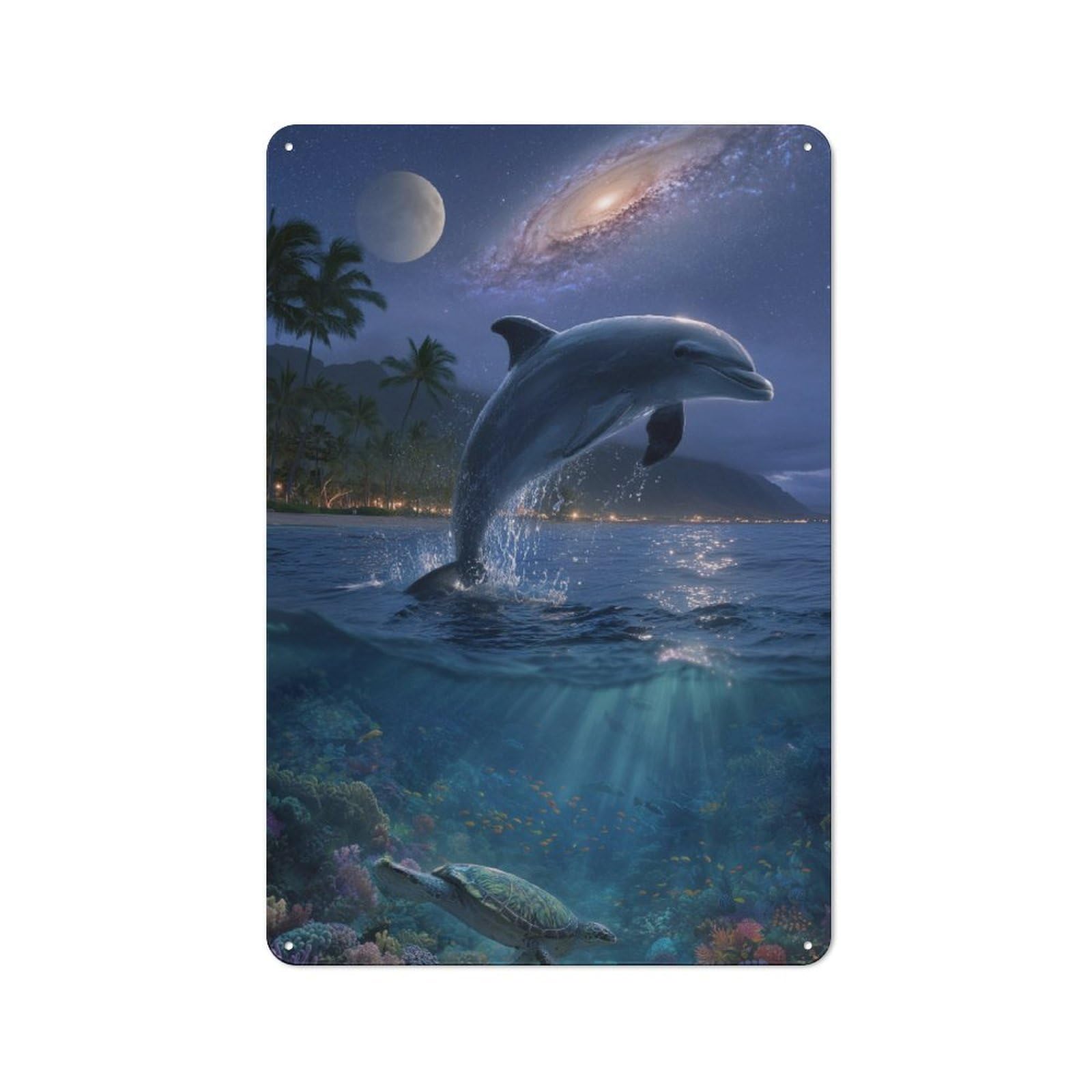 Junmoney Dolphin Leap & Coral Life Printed Metal Sign 30X20cm For Hallway Wall, For Living Room And Hallway Decor, For Home Office And Studio Walls