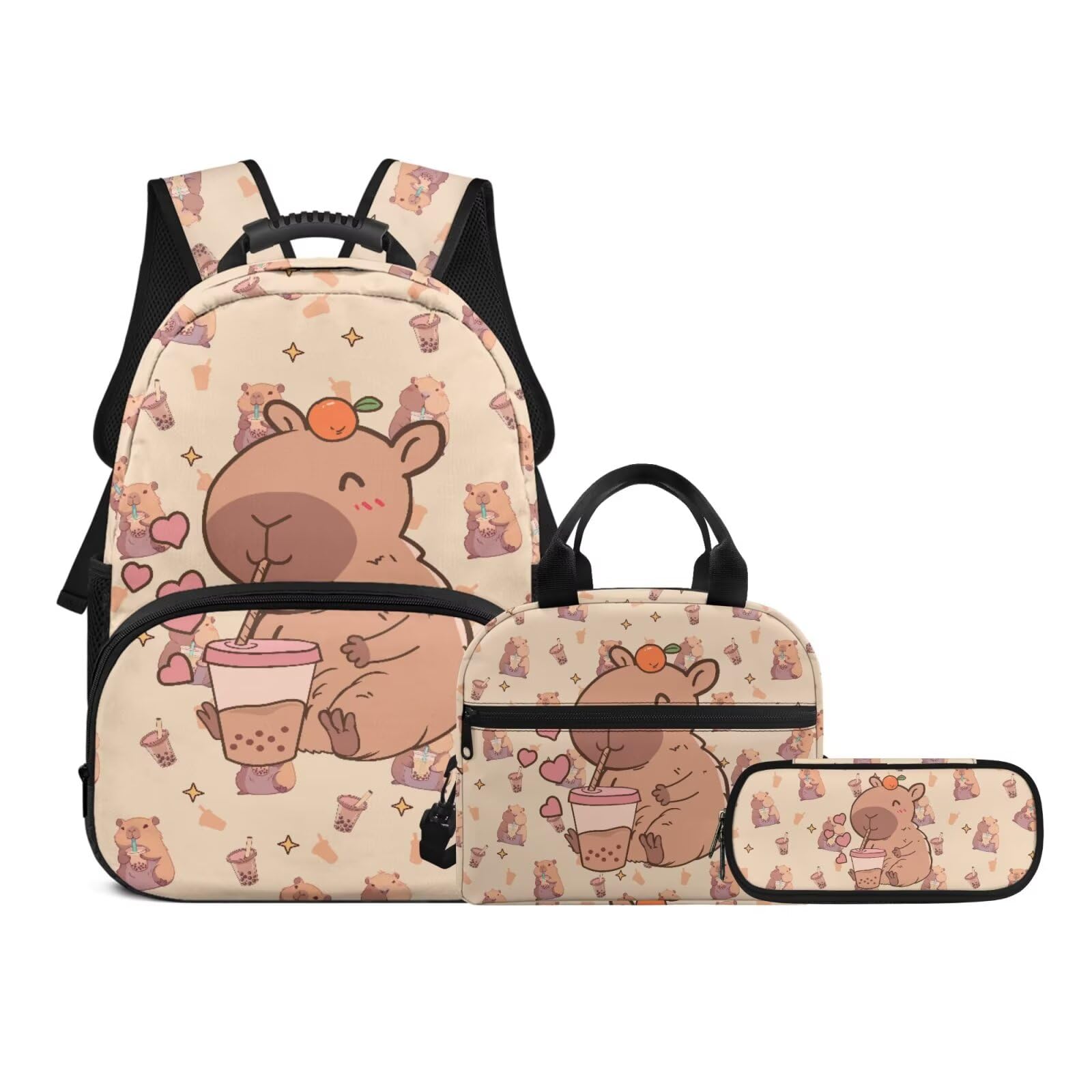 Biyejit Cute Capybara Backpack with Lunch Box Kawaii Book Bags for School Girls 2nd Grade Lightweight Large Capacity Bookbag Set 3 Piece School