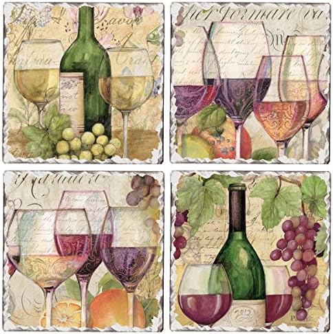 CounterArt Wine Time Multi-Image Absorbent Stone Tumbled Tile Coasters with Protective Cork Backing, 4 Pack, Made in The USA