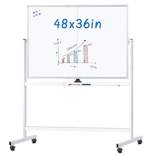 maxtek Rolling Whiteboard, 48x36 Large Magnetic White Board with Stands, Big Double-Sided White Board Dry Erase on Wheels for Homeschool, Home Office, Office, School (Silver, 48 x 36) - Silver - 48 x 36