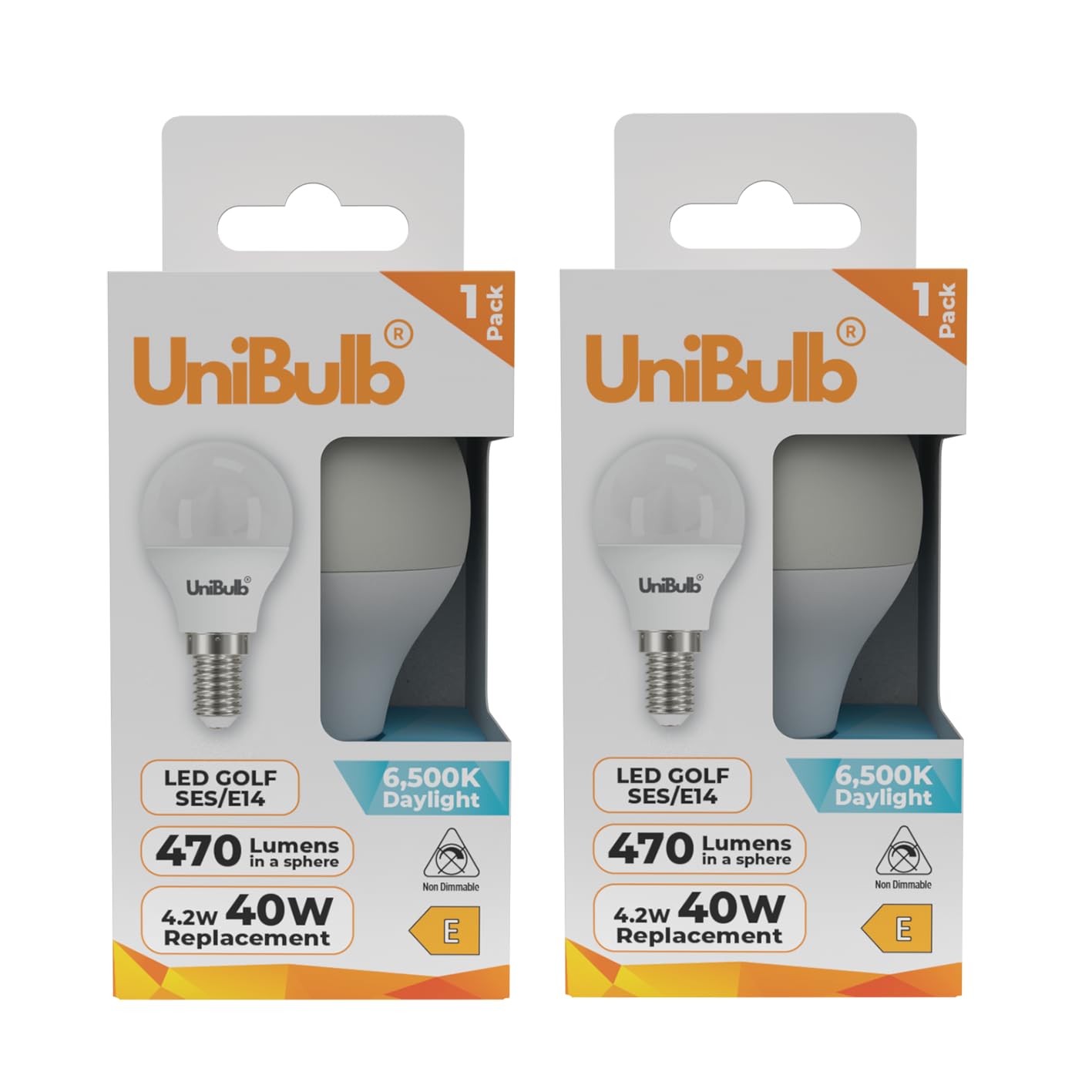 Unibulb E14 Energy Saving LED Light Bulb, Small Edison Screw (SES), 4.2W, 470lm, Replaces 40W, Daylight 6500K, Golf Ball Bulb, P45, 220-240V, Non-Dimmable, 25,000hr lifespan (2) — image 1