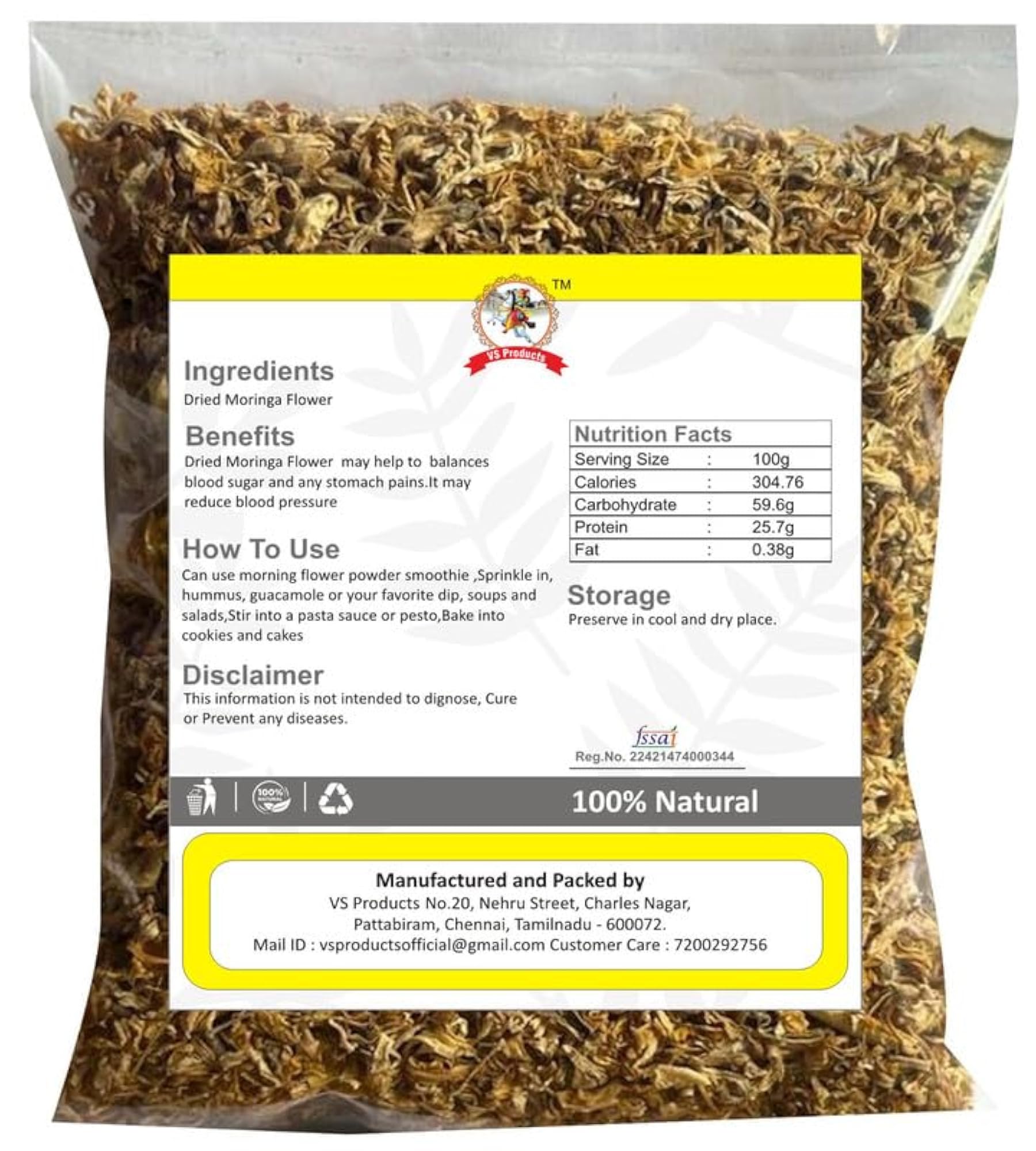 VS Products Dried Moringa Flower, 750g Pack
