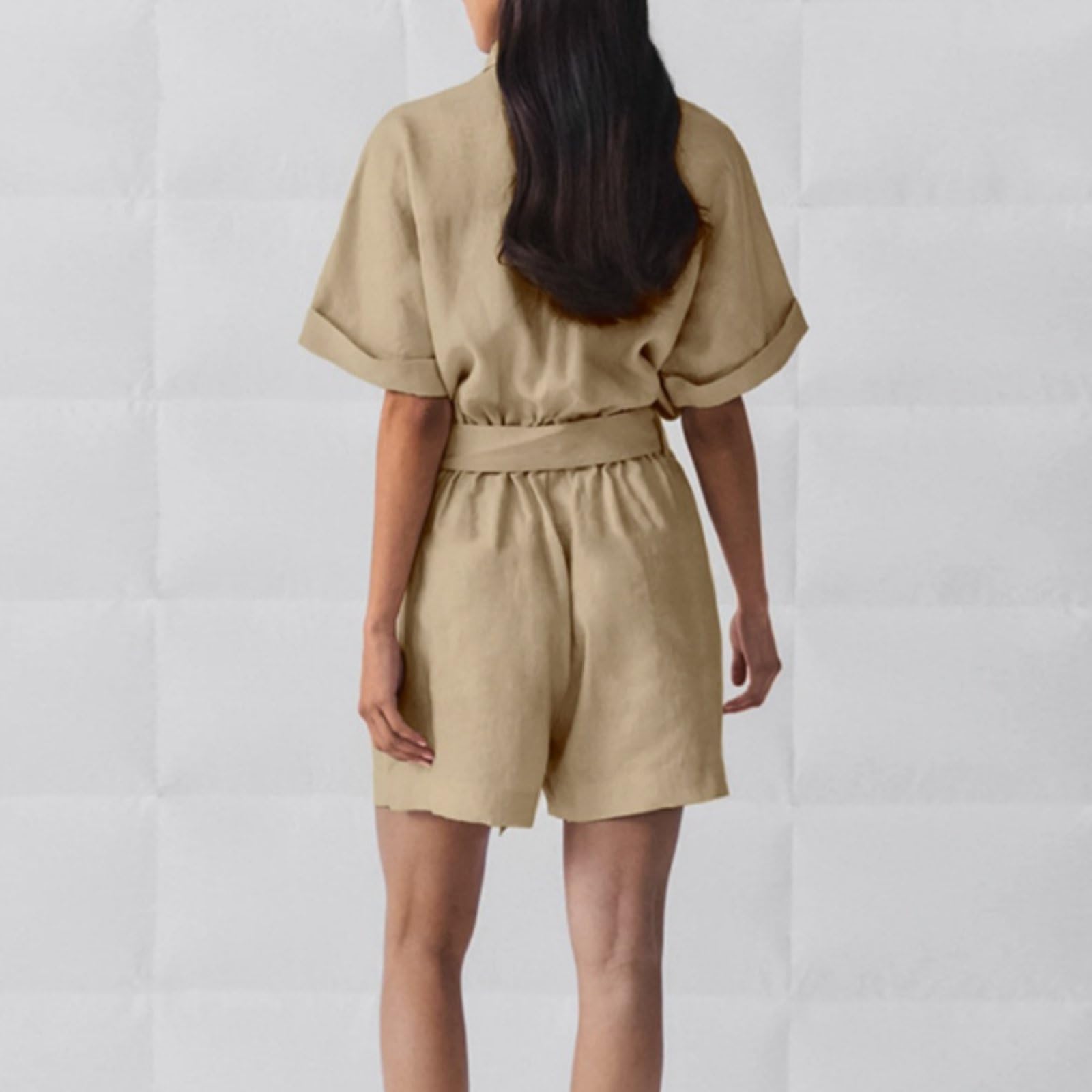 Pajacyk Z KróTkim RęKawem Dla Kobiet Casual Lace Up Button Down Szerokie Nogawki KróTkie Kombinezony