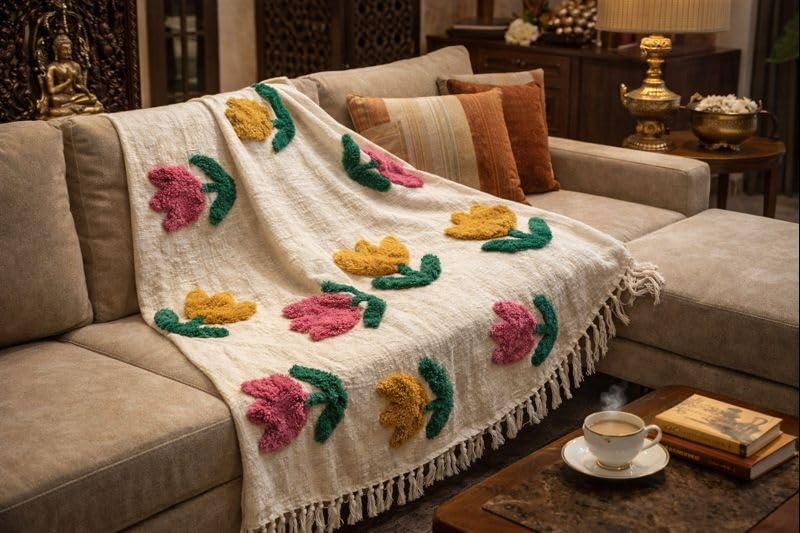 Image of Boho Cotton Woven Throw Blanket with Floral Tufted Design, All Season Decorative Blanket for Bed and Sofa, Cream with Fringe, 163x142 cm