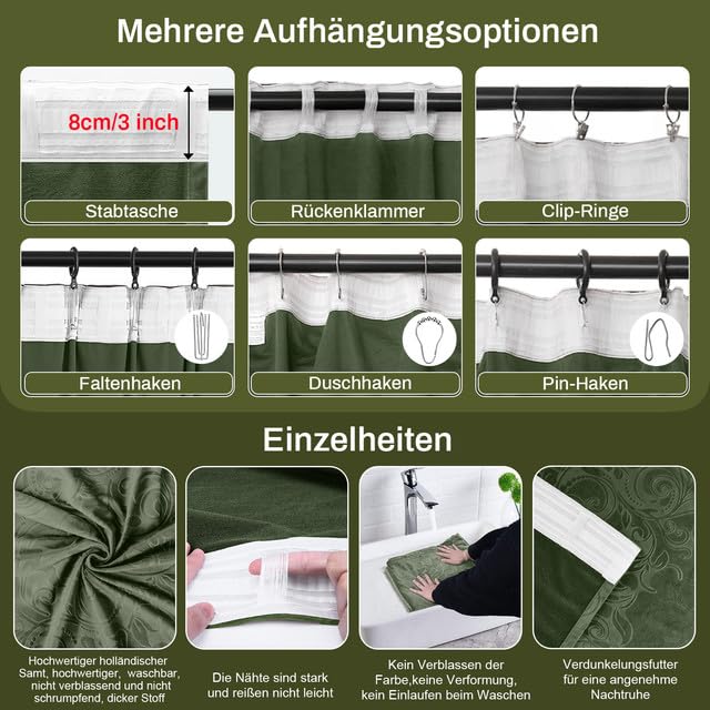 Rosnek Samt Gardinen Vorhang Kräuselband 2er Set, H244 x B132 cm Thermogardine Luxus Vorhang Blickdicht mit Muster, Übergardinen Vorhänge Verdunkelung Barock Deko für Wohnzimmer, Olivgrün