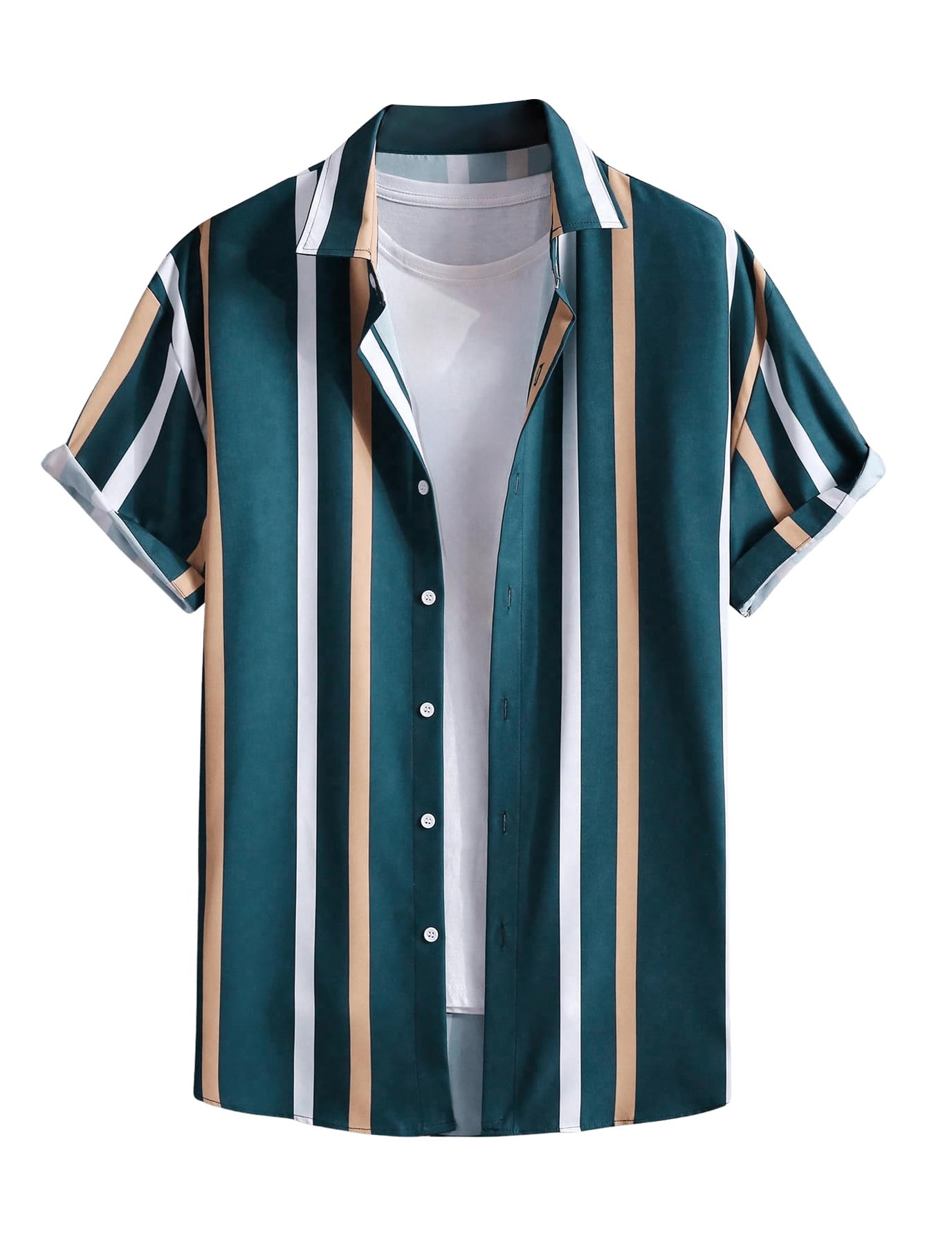 OYOANGLE Men's Color Block Striped Print Short Sleeve Button Up Casual Shirt