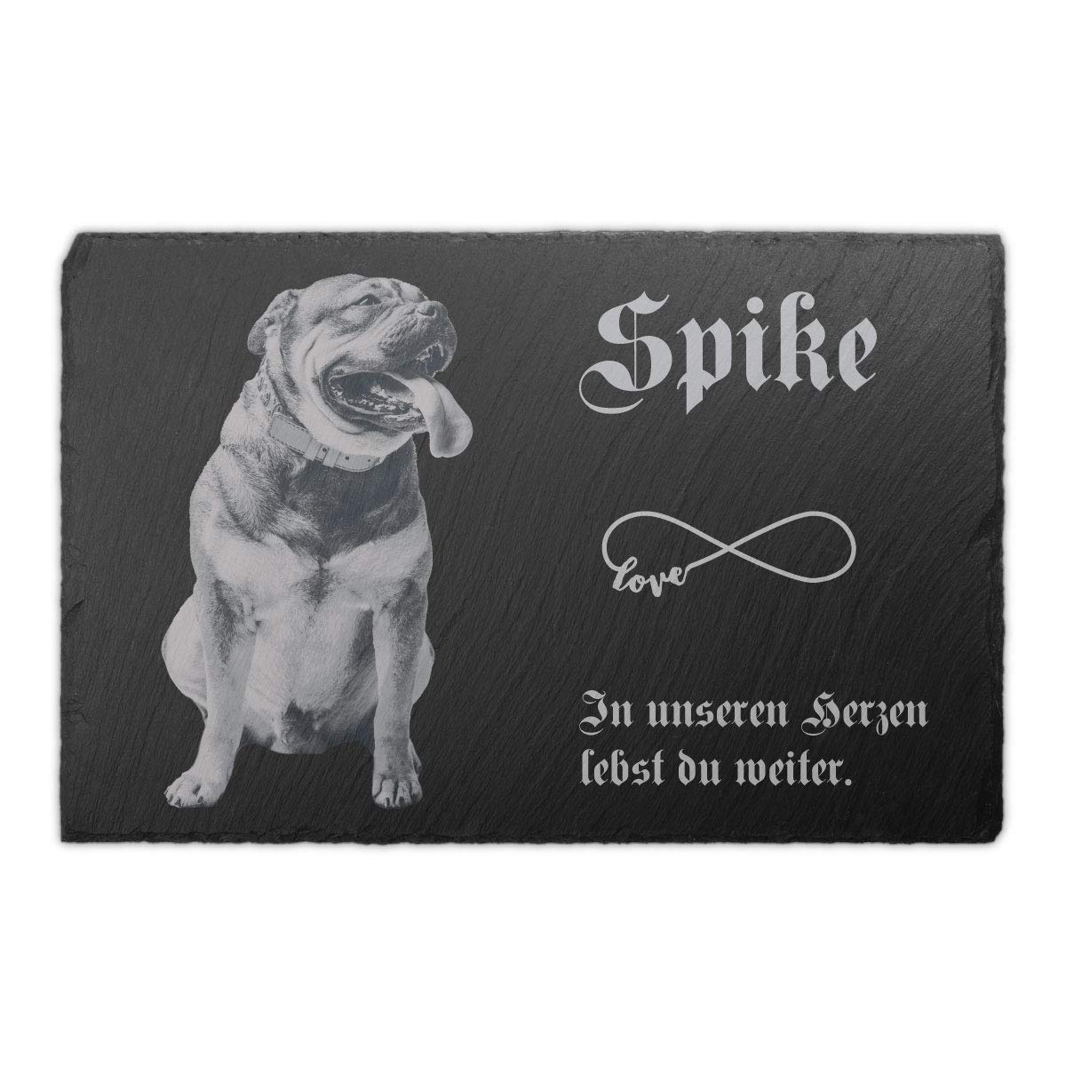 personalisierte Schiefer Tiergrabstein Gedenktafel 30x20 cm wetterfest - Individuelles Foto und Text, Schwarz-Weiße Gravur (mit Laser eingebrannt)
