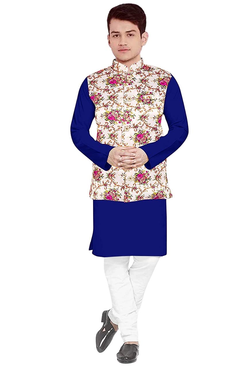 OS Mens Kurta Pyjama Set with NERHU Jackets Sartin Printed (MODI KOTI) (Party,Wedding,Season,HALDI,)