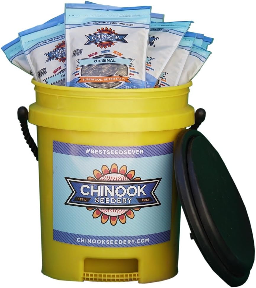 Chinook Seedery Five gallon Team Bucket with Swivel Seat Filled With 12 - 4.7 Oz Bags Of Non-Gmo Sunflower Seeds, Original