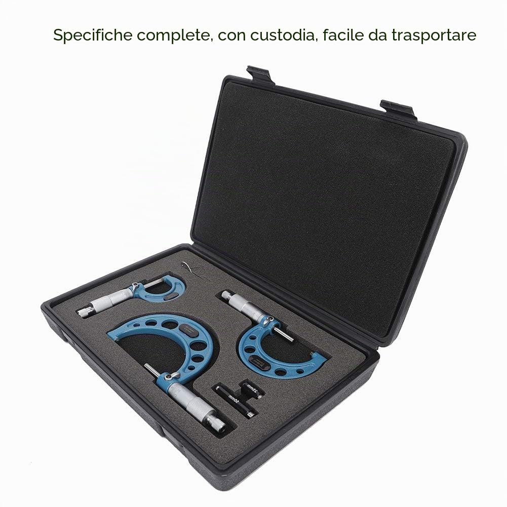 Micrometro 3 pezzi, metrico 0-25 mm, 25-50 mm, 50-75 mm Strumento di misurazione del diametro esterno ad alta precisione in acciaio per cuscinetti con custodia, con asta di misurazione e chiave da 25