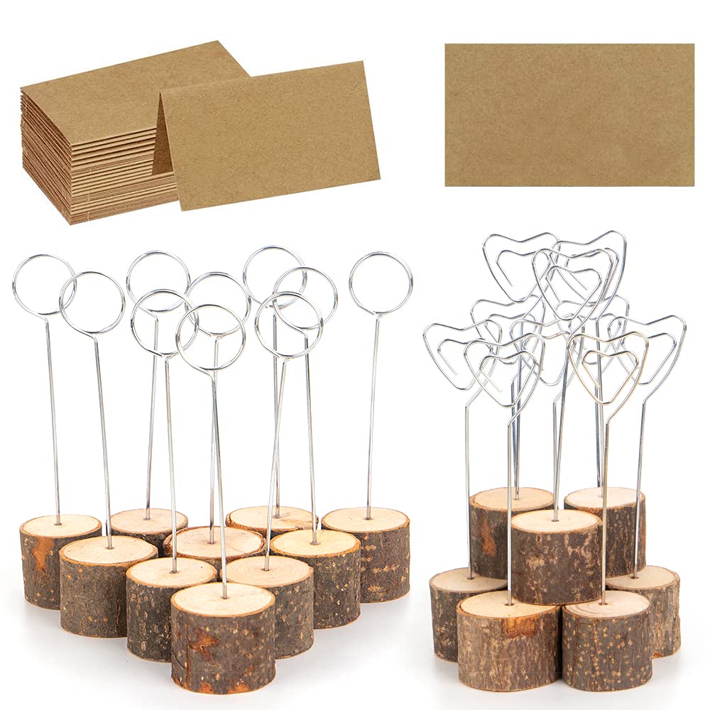 20 Pcs Rustic Wood Place Card Holders and 30 Pcs Kraft Place Cards, Wooden Table Number Holder Stand Photo Picture Note Clip Holders for Wedding Party Name Sign (2 Style)