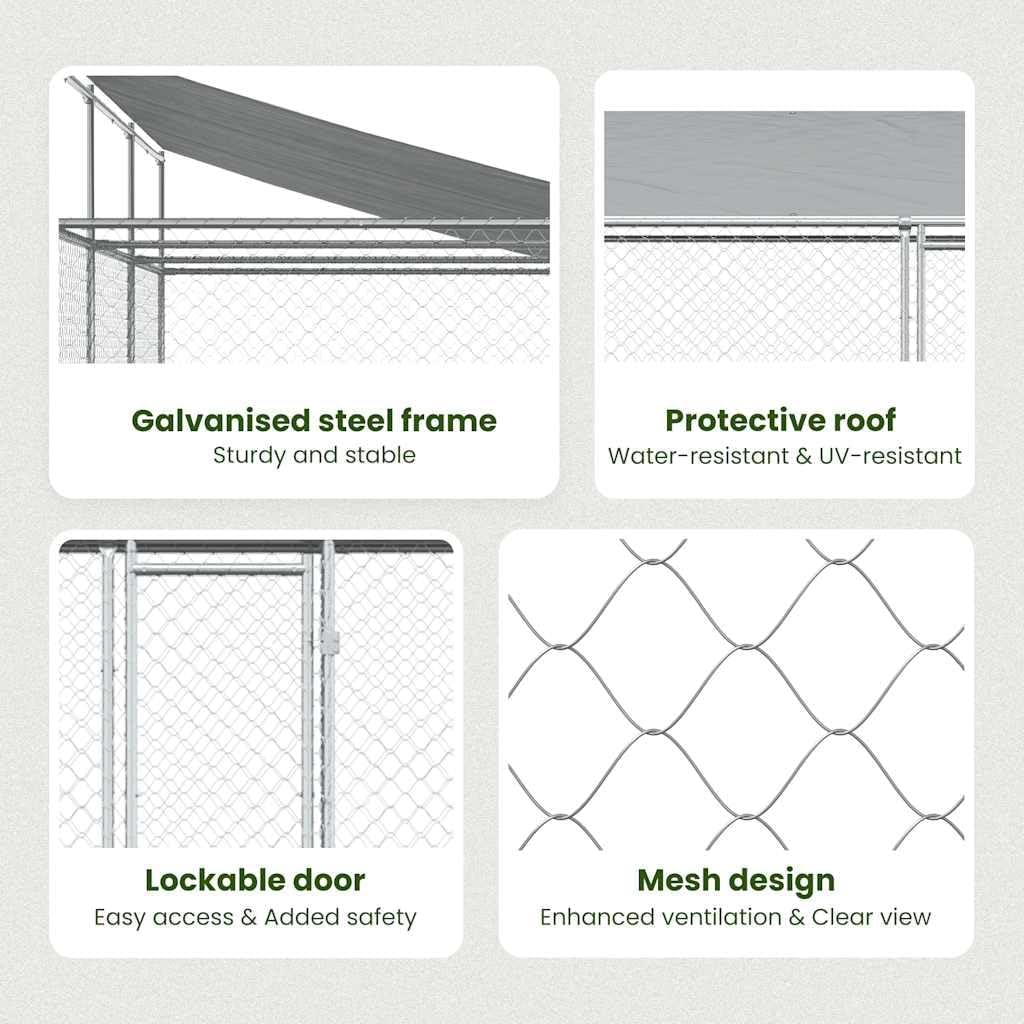 vidaXL Outdoor Dog Kennel with Roof - Gray Galvanized Steel Animal Cage, Ventilated Mesh, Lockable Door, Weather, 19.7' x 6.6