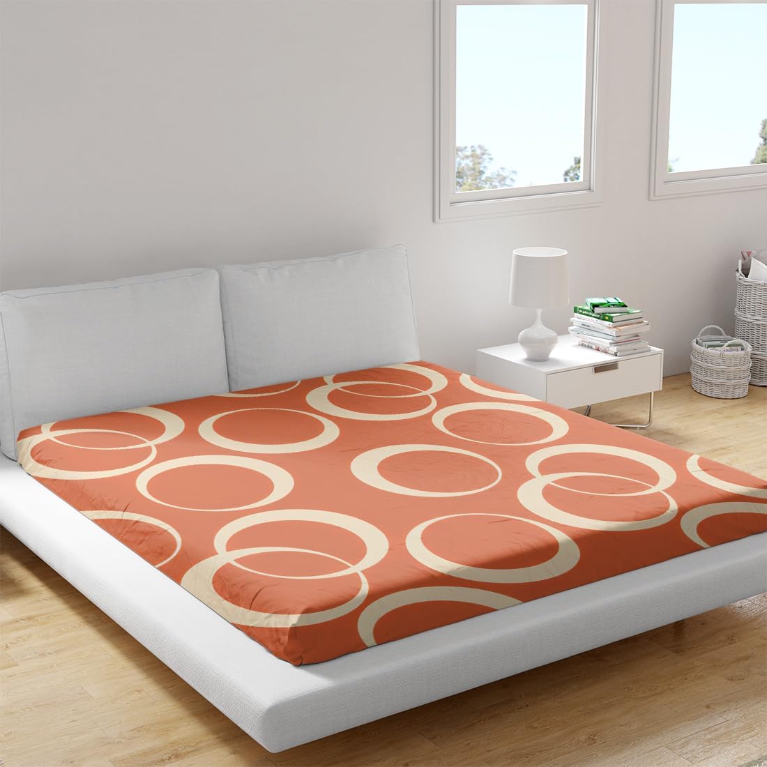 Fitted Sheet, Double Retro Geometric Circles, Moisture Absorbent, Quick Drying, Washable, All Seasons Sheets, Mattress Cover, Soft, Skin Friendly, Fits Beds, Mattresses, Futons