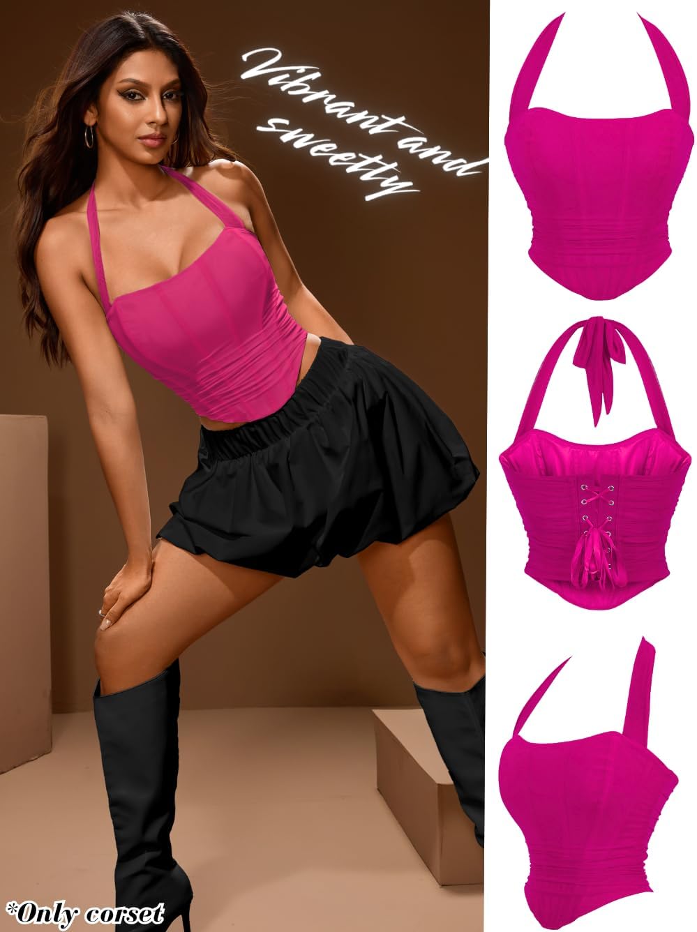 ChiaoLezhee Women's Halter Mesh Corset Crop Top, Ruched Asymmetrical Hem, Boned Lace-Up Bustier for Going Out Fit Sizes 00-14