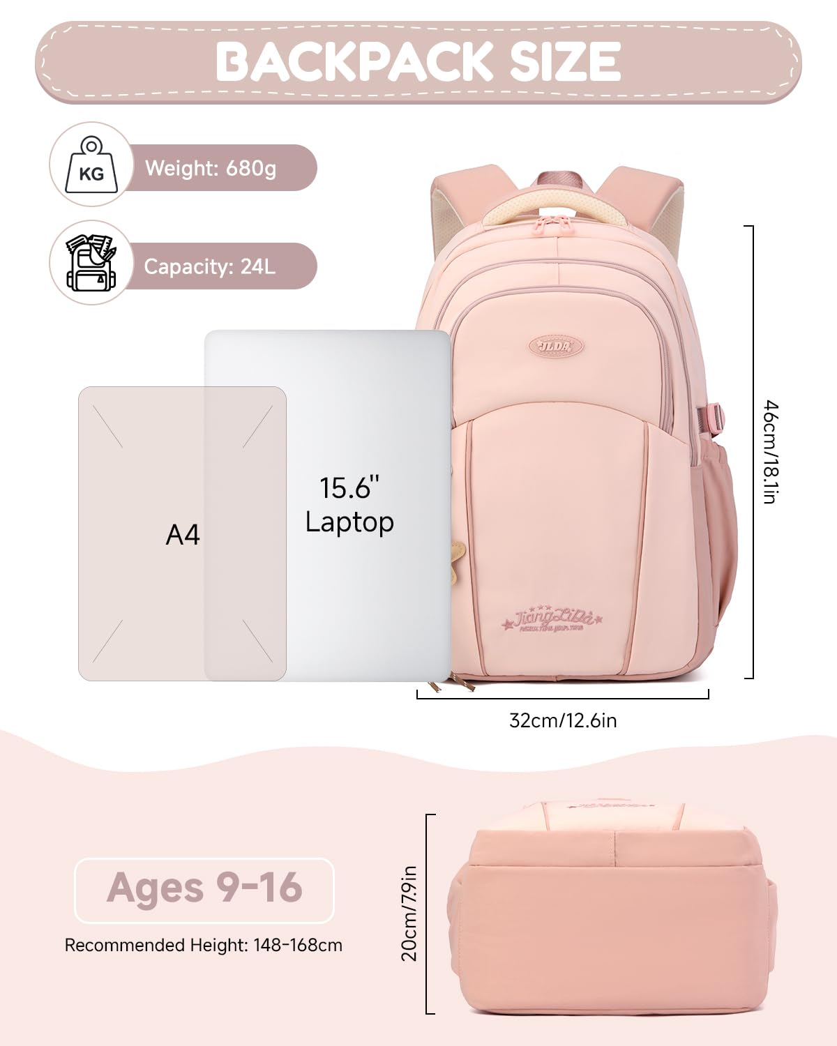Sac à Dos Fille Adolescent - Cartable Scolaire Imperméable avec Porte-clés étoile - Sac a Dos pour École Primaire College Lycée à la Mode pour PC 15.6", Rose