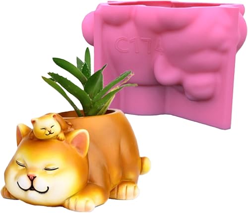 Linda madre e hijo gato suculento maceta soporte de silicona molde de yeso de hormigón plantador de cactus florero molde de arcilla de cemento