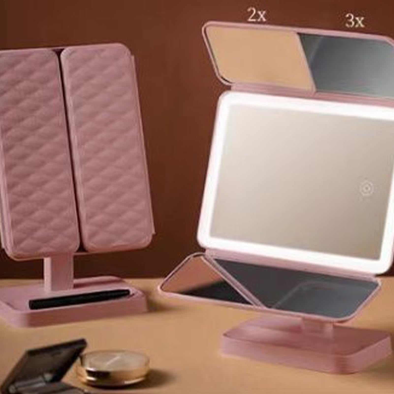 Espejo de maquillaje triple con LED de 3 colores, rotación de 180°, espejo de tocador de aumento para mujeres y niñas, herramienta perfecta para cosméticos y belleza