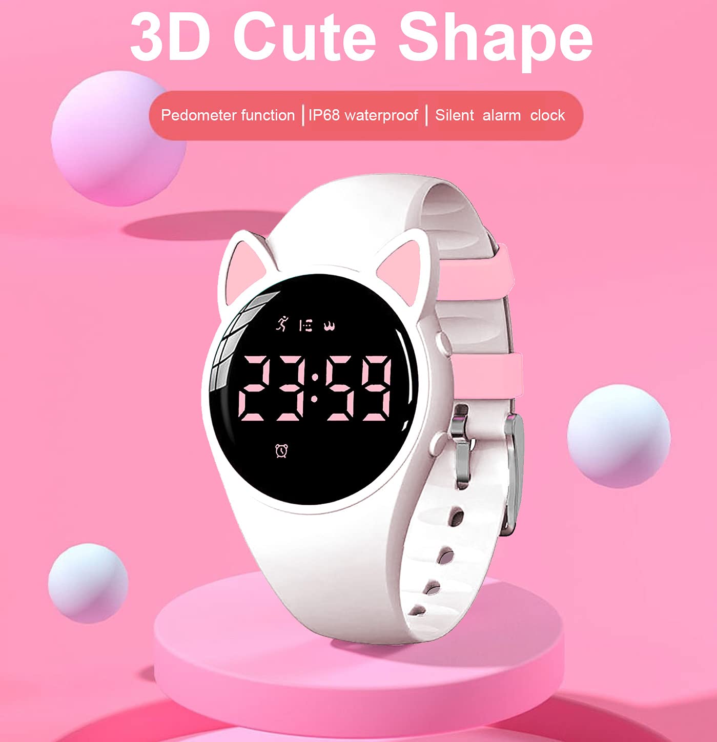 Reloj rastreador de fitness para niños, no necesita aplicación, 1 hora de carga para uso de 20 días, reloj impermeable IP68 para niñas y estudiantes, reloj deportivo con cronómetro, podómetro (blanco y rosa) 9