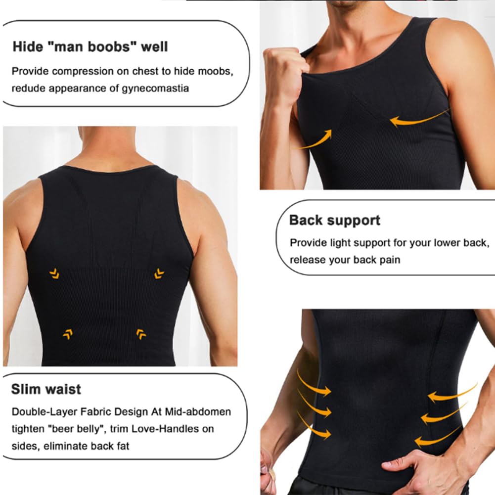 Camiseta de compresión para Hombre, Faja Abdominal, Faja de Pecho, Chaleco Moldeador de Cuerpo Adelgazante, Camisetas sin Mangas de Entrenamiento(Negro-XX-Grande