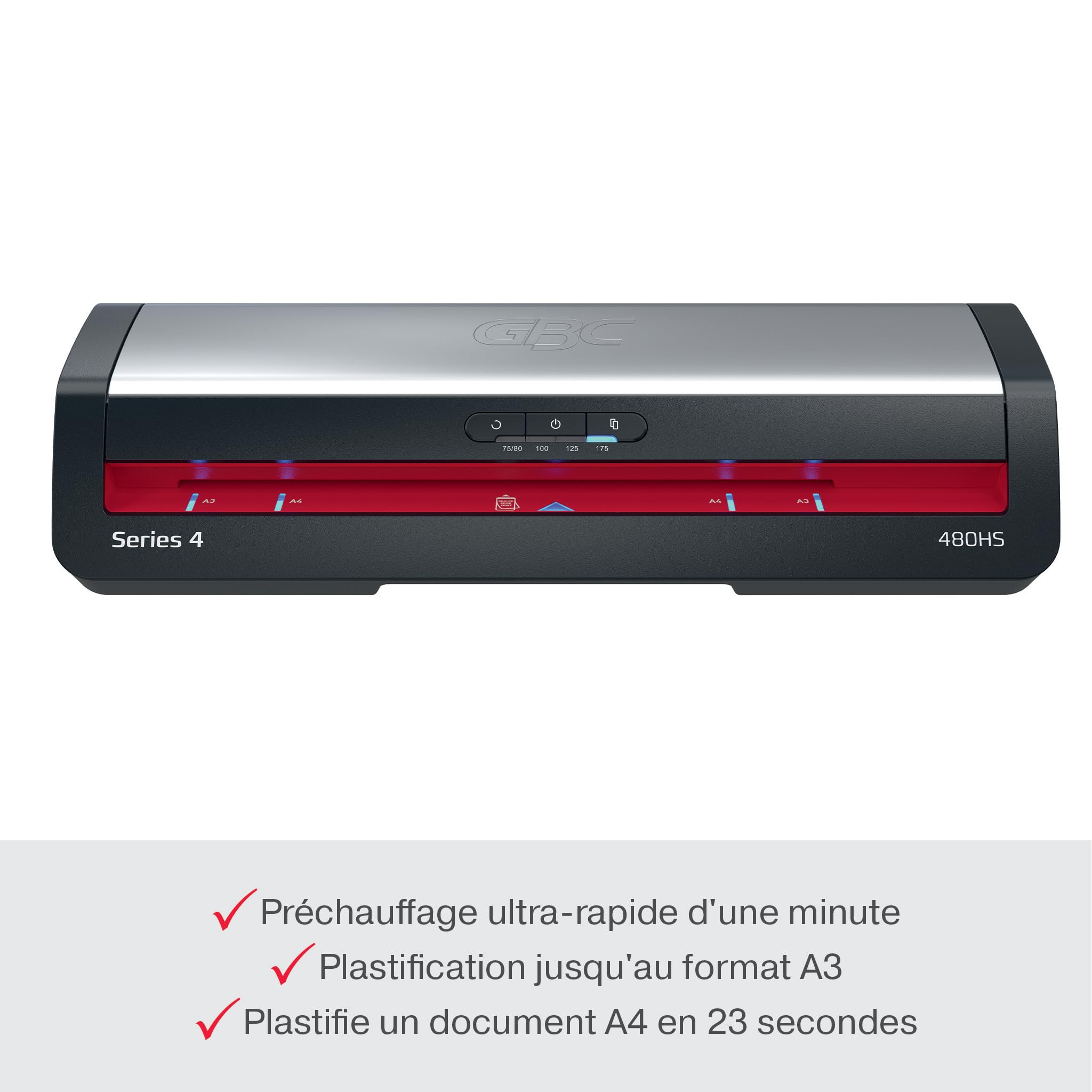 GBC Plastifieuse 480HS A3 Haute Vitesse 75-175 microns Anti-Bourrage Noir/Rouge