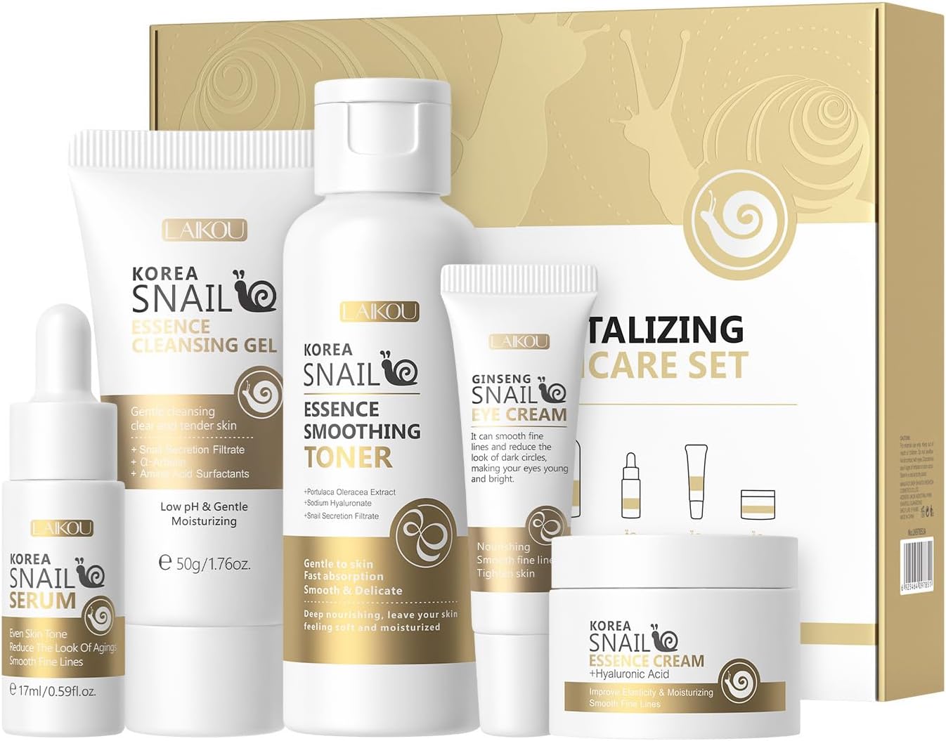 Korean Snail Essence Skin Care Kit,Skincare Gifts for Women,Include Gentle Cleanser,Toner,Eye Cream,Serum,Cream,Long-Lasting Moisturizing & Nourishing,Minimizes the Look of Wrinkles