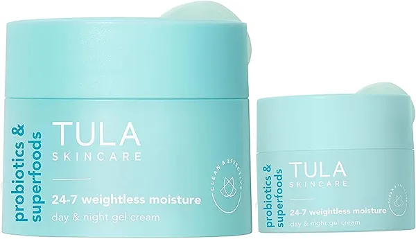 TULA Skin Care 24-7 Weightless Moisture Hydrating Day & Night Cream Duo - Anti-Aging Lightweight Gel Cream Moisturizer for Face, Full 1.5 oz + Travel Size 0.5 oz, 2 Piece Set