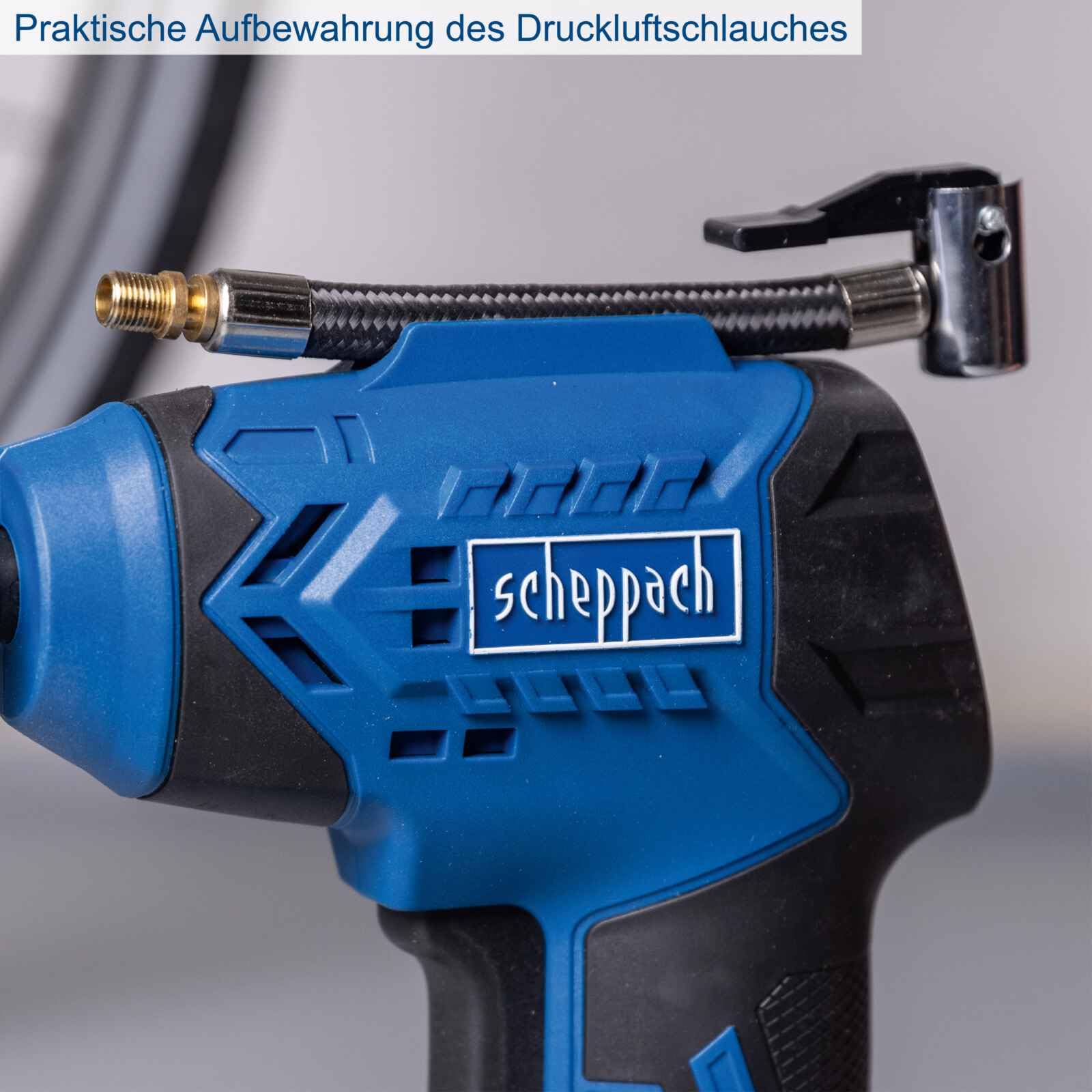 Scheppach Akku Handkompressor C-AC20-X | 7bar Arbeitsdruck | mit LCD Display & LED-Licht | Kompressor mobil & tragbar | 6-tlg Zubehörset | 20V-IXES-Serie | 10 Jahre Garantie | mit 2Ah Akku & Ladegerät