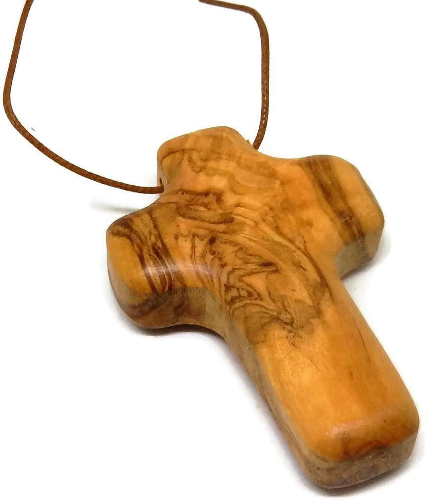 HolyRosesOlive Wood Square Chunky Comfort Cross Christian Cross Pendant - Made by HJW (Genuine Product) Christian Religious Jewelry with Certificate of Origin - Hand Crafted in the Holy Land - Holyland