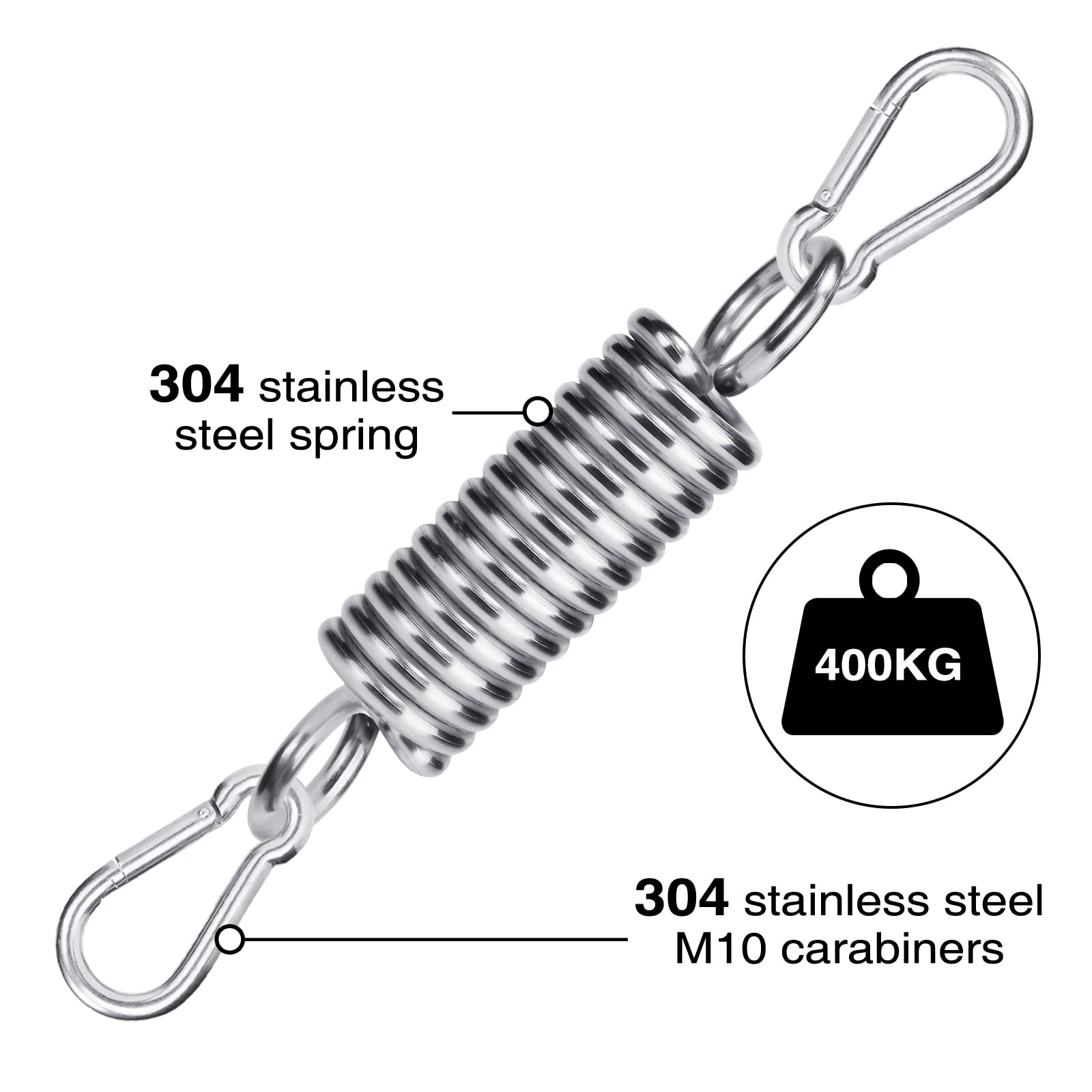 HOMPER Schwingfeder für Hängesessel, Tragfähigkeit bis 300kg, 2X M10 Karabiner und 1x Aufhängefeder, Hängesessel Aufhängung Edelstahl 304 für Hängestuhl, Boxsack Halterung, Hammock, Yoga
