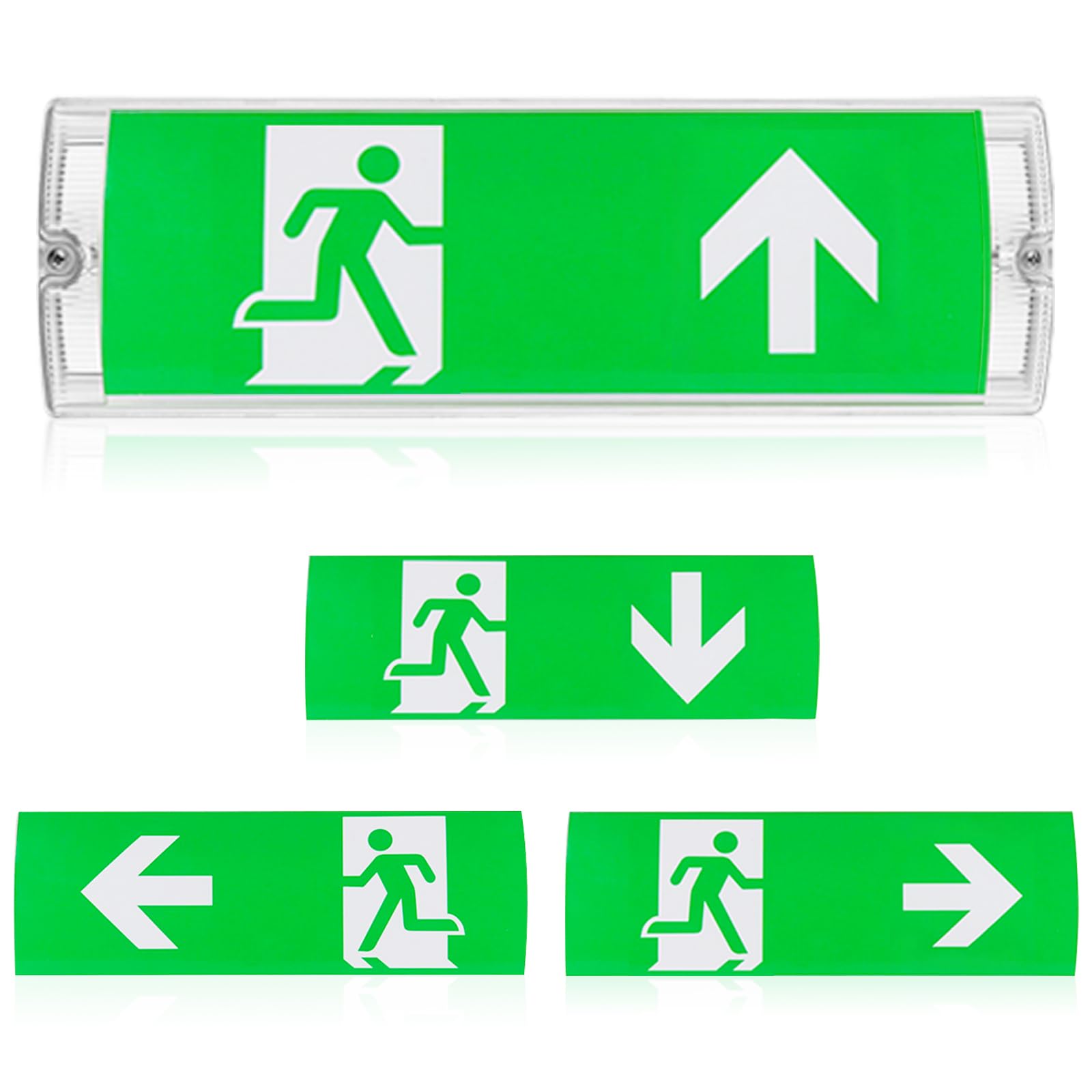 Éclairage d'urgence LED, lumière de sortie de secours LED, lumière de sortie de secours étanche IP65 avec batterie de secours, panneau de sortie de secours éclairé 3H, 4 pictogrammes
