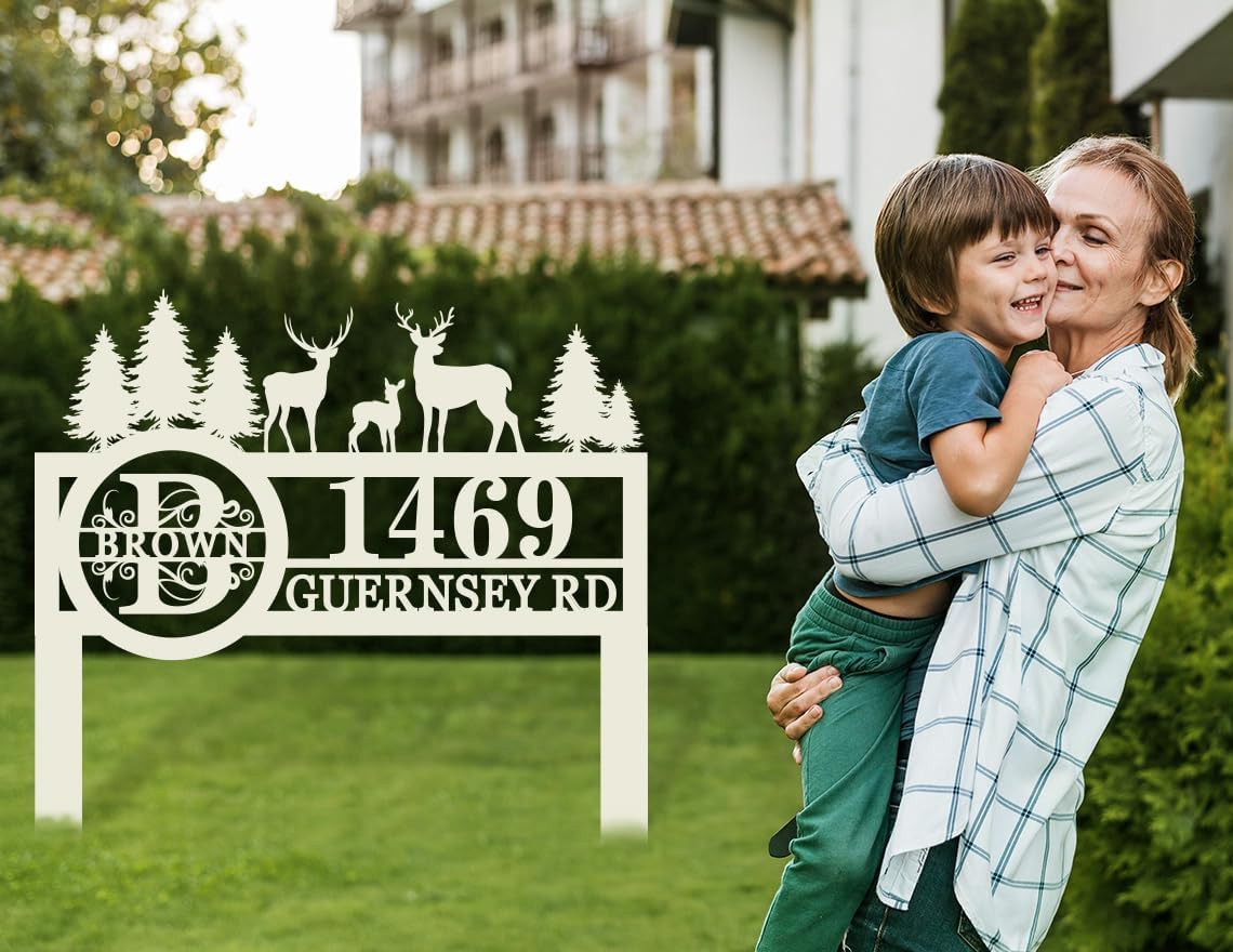 Personalized Deer Wildlife Decor for Outdoors, Custom Yard Address Sign with Metal Stake, Address House Number Signs with Last Name, Housewarming Present