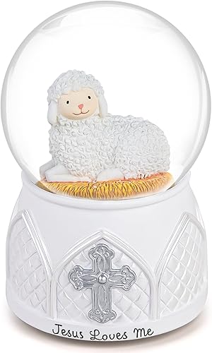 Jesus Loves Me Snow Globe, Jesus White Lamb Baptism Music Box, Religious Gift for Pastors Girls Wife Girlfriends Friends Easter Birthday Present