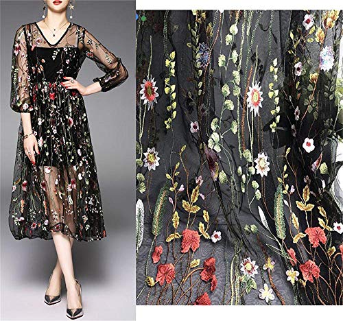 51" Width Exquisite Floral Flower Embroidery Mesh Lace Fabric Sewing Lace Trim Fabrics for DIY Wedding Dress Craft Home Decor (1 Yard, Black)