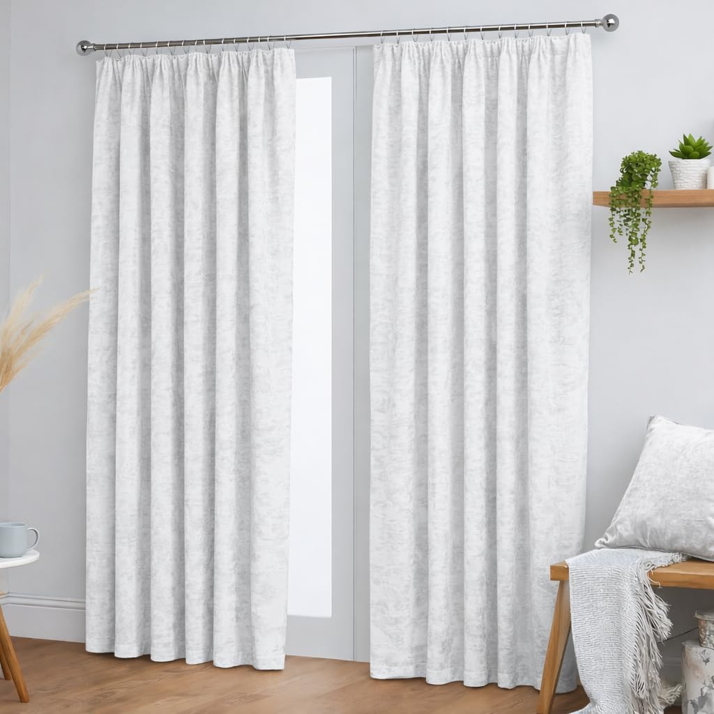 John Aird White Crushed Velvet Fully Lined Pencil Pleat Curtains (, 90" Wide X 90" Drop)