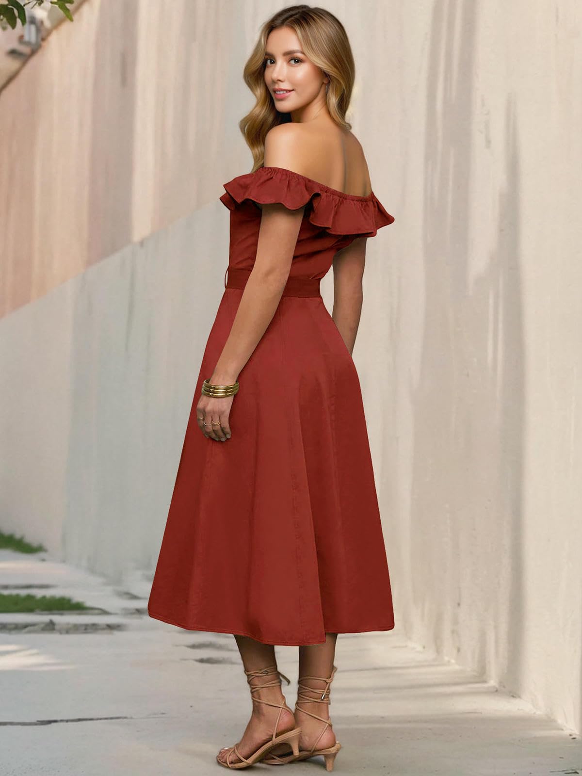 Sukienka damska elegancka letnia sukienka retro z jednym ramieniem wąska falbanka pasek na guziki A-line-morela-m