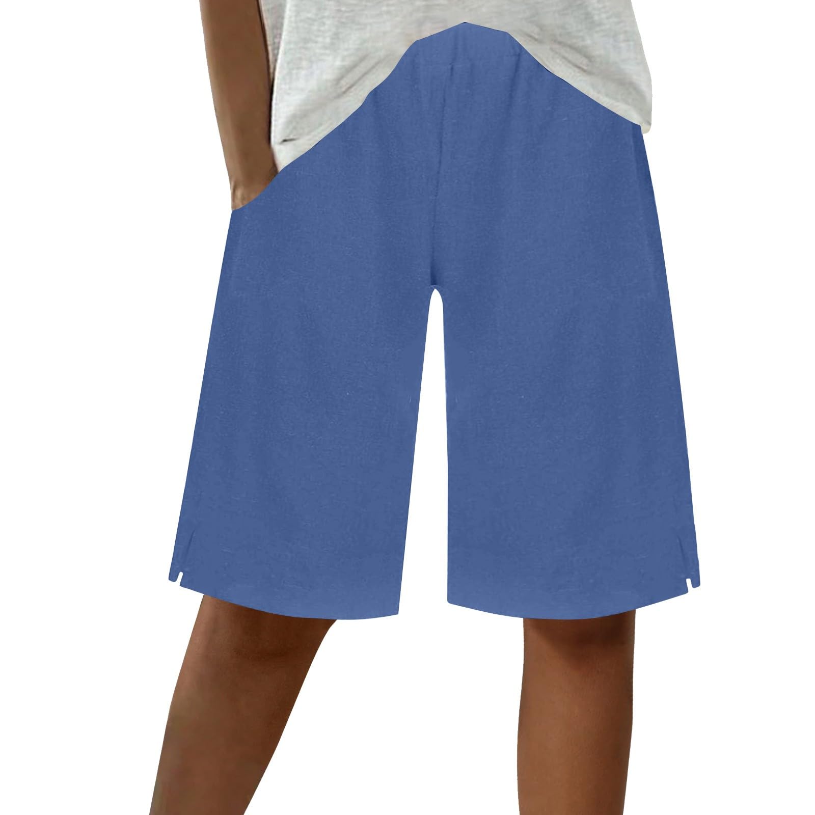 Womens Summer Bermuda Shorts Casual Cotton Linen Beach Knee Length Short Pants Elastic Waist Shorts with Pocket 2025(Blue,Medium)