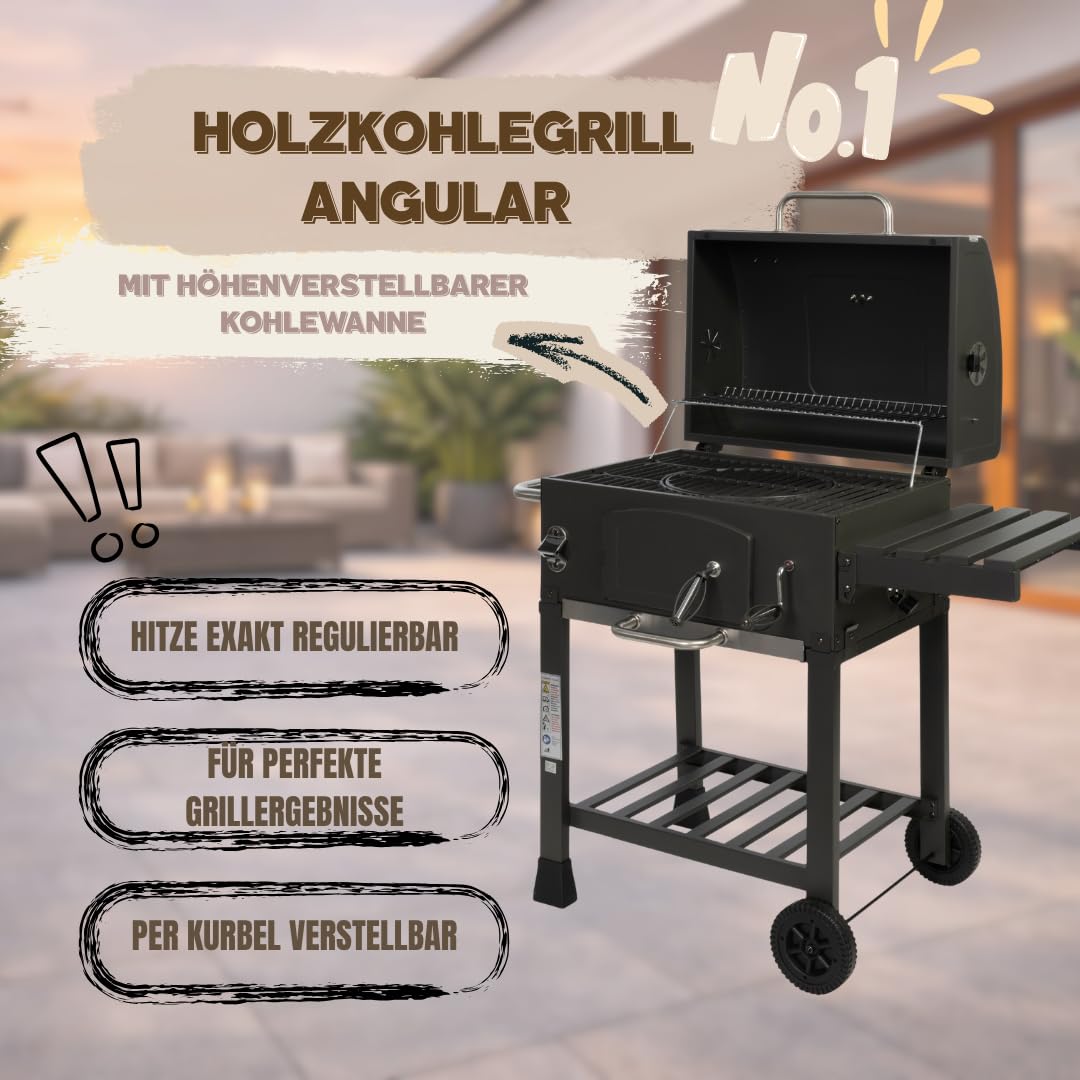 ACTIVA Holzkohlegrill Angular Guss inkl. Gusseisenrost & wetterfester Abdeckhaube I Holzkohlegrill mit Deckel, verstellbarer Kohlewanne & Thermometer I Grillwagen