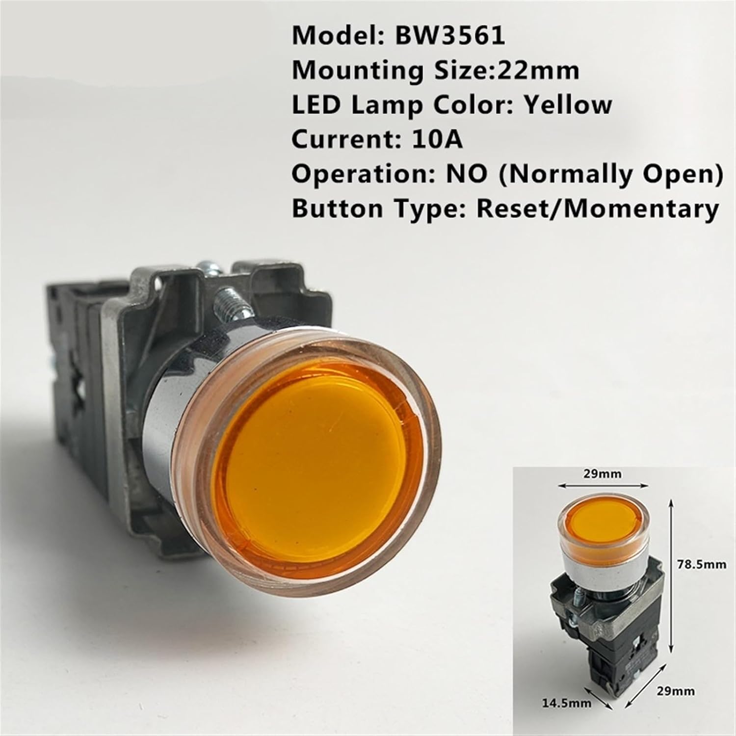 22mm XB2 Series instantaneous self-Reset Flat Round Button Switch XB2-BW3361C with LED Light NO NC 24V/AC220V/AC380V(YEL Low-NO,380V)