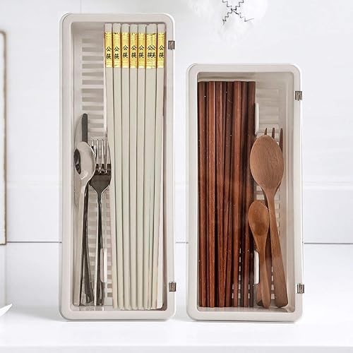 Vista 2 de AIYoo Bandeja grande para cubiertos, organizador de cajones de cocina con tapa y escurridor, bandeja de plástico para cubiertos de cocina