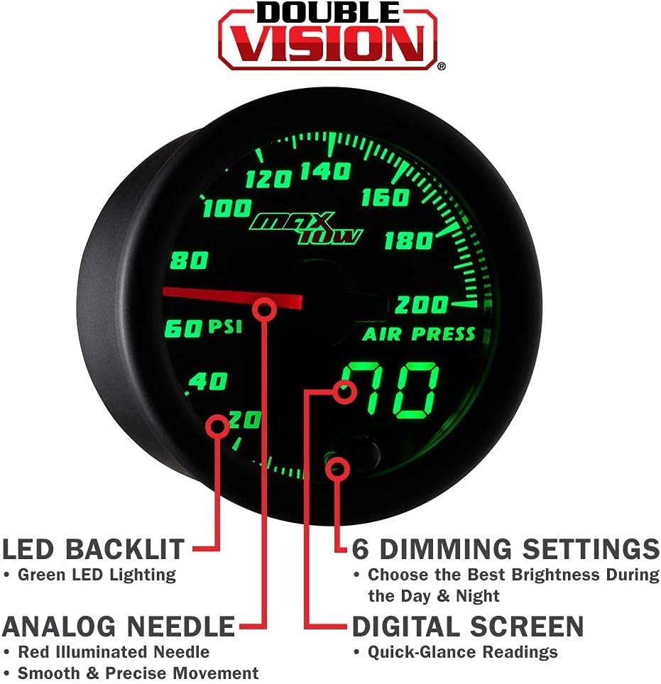 MaxTow Double Vision 200 PSI Air Pressure Gauge Kit - Includes Electronic Sensor - Black Gauge Face - Green LED Dial - Analog & Digital Readouts - for Air Ride Suspension Systems - 2-1/16" 52mm