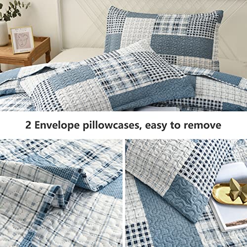 Jarson 3-Piece Plaid Quilt Set King Size, Lightweight Soft Summer Bedding Set, Blue White Patchwork Reversible Bedspread (1 Coverlet & 2 Pillow Shams Included) #TOP4