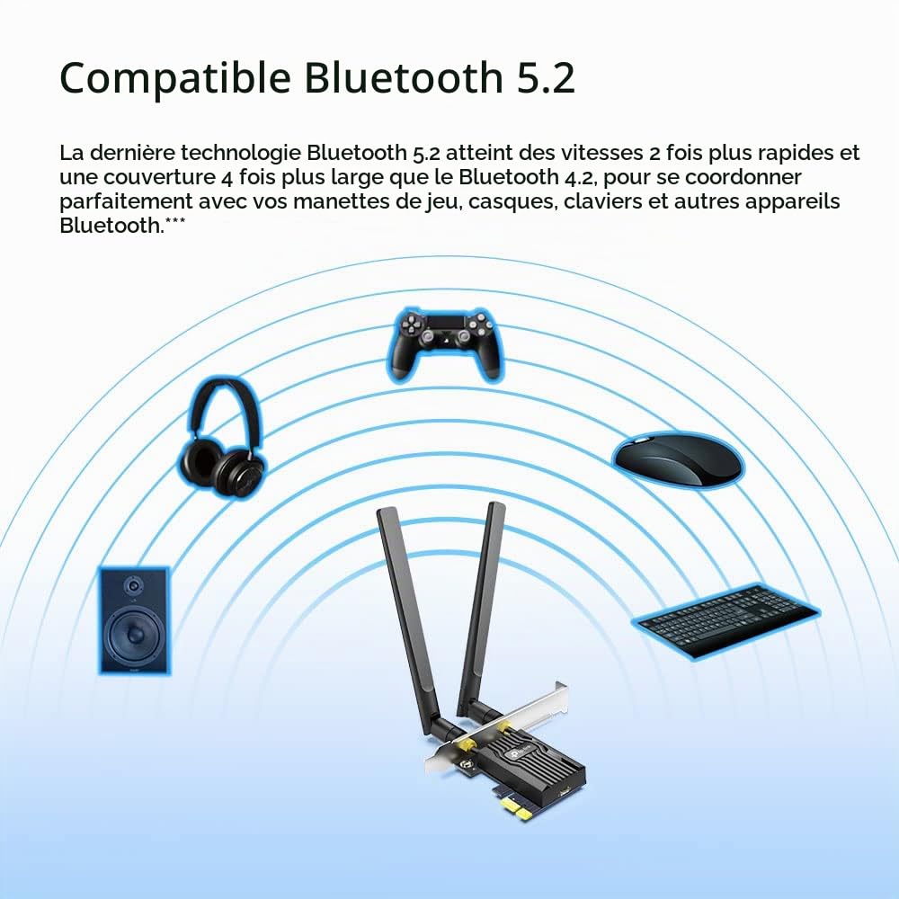 TP-Link AX3000 Adaptateur PCIe Double Bande Wi-FI 6 Bluetooth 5.2 avec Deux antennes, dissipateur Thermique spécialisé, 1024-QAM, Latence Ultra-Faible, chipset Intel® Wi-FI 6, Prend en Charge Windows